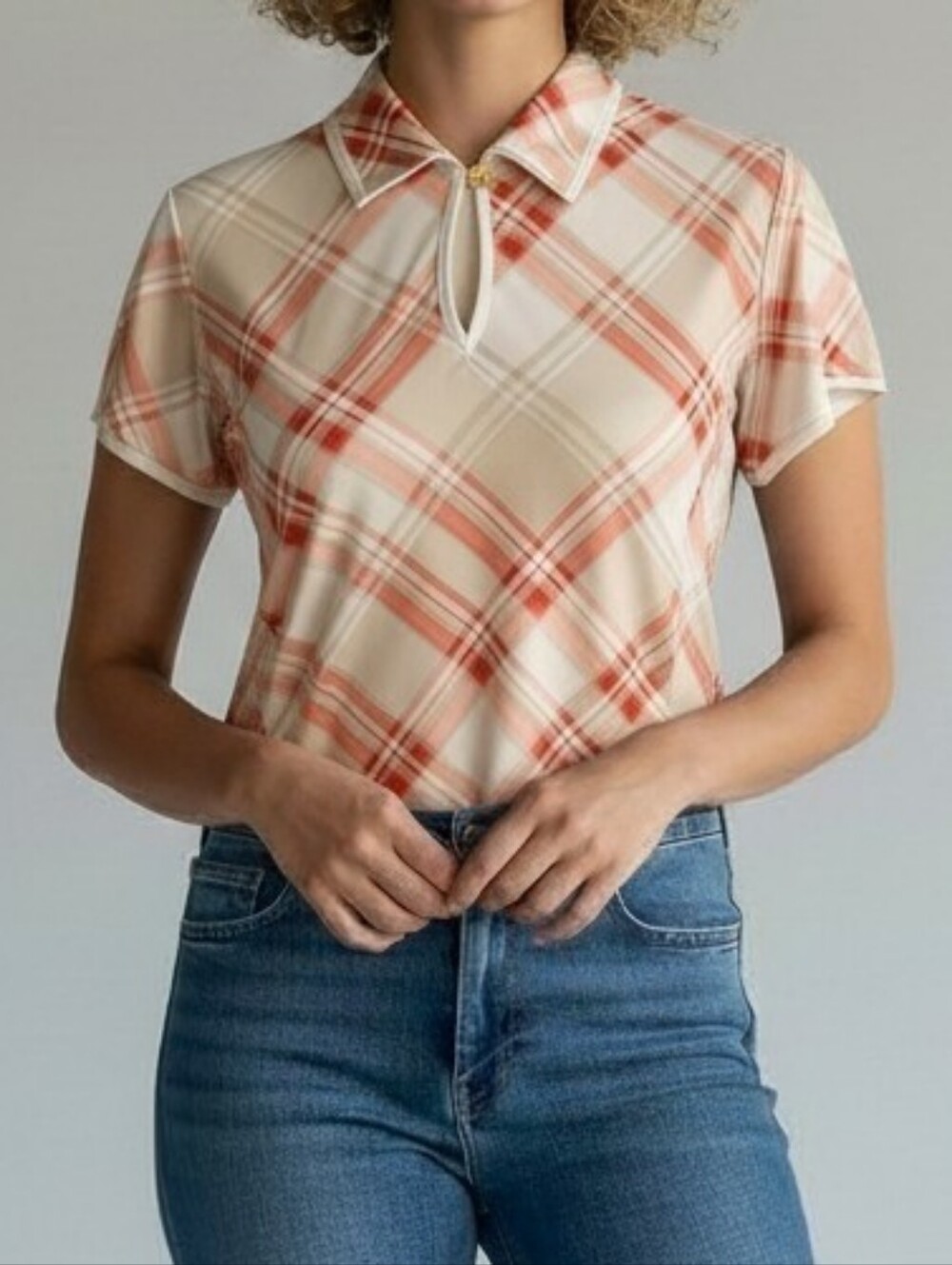 Sport Haley Cream and Coral Plaid Collared Short Sleeve Golf Or Tennis Top S